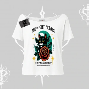 Midnight Petals Kedi Baskılı Kayık Yaka Tshirt
