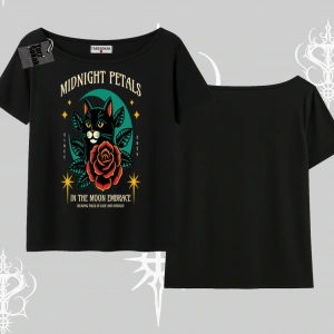 Midnight Petals Kedi Baskılı Kayık Yaka Tshirt