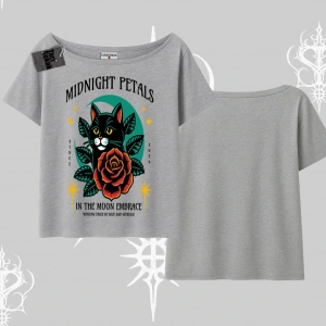 Midnight Petals Kedi Baskılı Kayık Yaka Tshirt