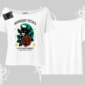 Midnight Petals Kedi Baskılı Kayık Yaka Tshirt