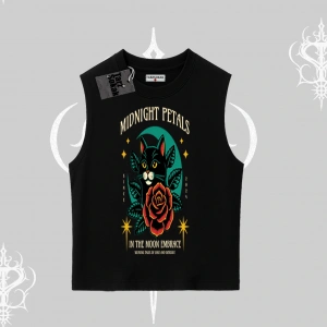 Midnight Petals Kedi Baskılı Kolsuz Tshirt