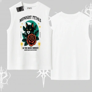 Midnight Petals Kedi Baskılı Kolsuz Tshirt