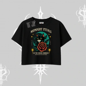 Midnight Petals Kedi Baskılı Oversize Crop Tshirt