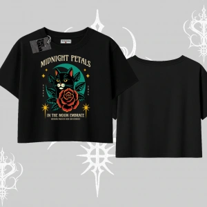 Midnight Petals Kedi Baskılı Oversize Crop Tshirt