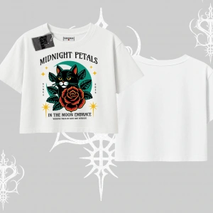 Midnight Petals Kedi Baskılı Oversize Crop Tshirt