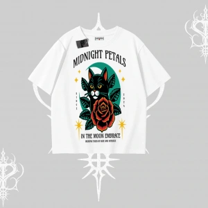 Midnight Petals Kedi Baskılı Oversize Tshirt