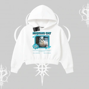 Missing Cat Baskılı Kapşonlu Crop Sweatshirt