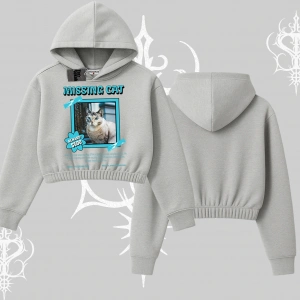 Missing Cat Baskılı Kapşonlu Crop Sweatshirt