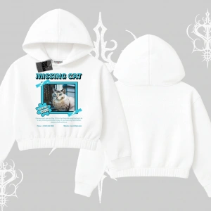 Missing Cat Baskılı Kapşonlu Crop Sweatshirt