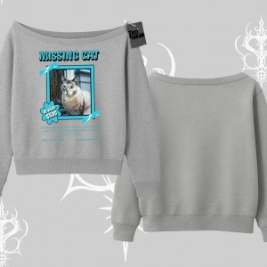Missing Cat Baskılı Kayık Yaka Sweatshirt