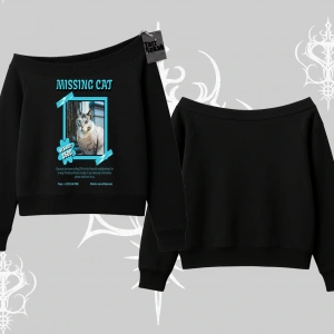 Missing Cat Baskılı Kayık Yaka Sweatshirt