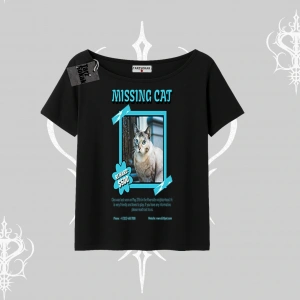 Missing Cat Baskılı Kayık Yaka Tshirt