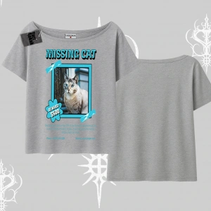 Missing Cat Baskılı Kayık Yaka Tshirt