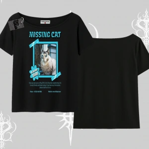 Missing Cat Baskılı Kayık Yaka Tshirt