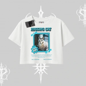 Missing Cat Baskılı Oversize Crop Tshirt