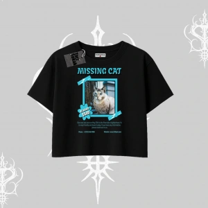 Missing Cat Baskılı Oversize Crop Tshirt