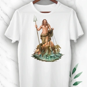 Mitoloji Denizler Tanrısı Poseidon Baskılı Beyaz Unısex Tişört