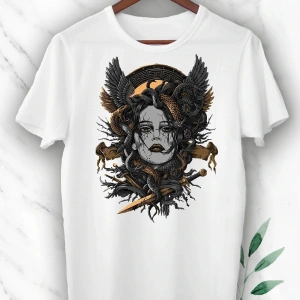 Mitoloji Medusa Baskılı Beyaz Unısex Tişört