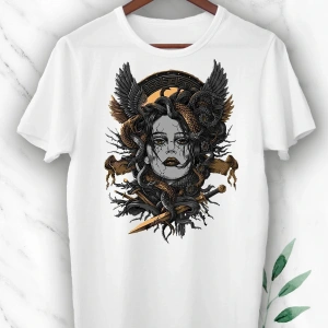 Mitoloji Medusa Baskılı Beyaz Unısex Tişört