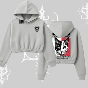 Modern Kedi Temalı Arka Baskılı Kapşonlu Crop Sweatshirt