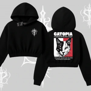 Modern Kedi Temalı Arka Baskılı Kapşonlu Crop Sweatshirt