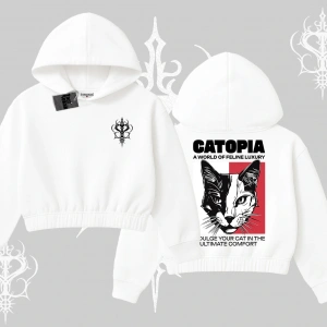 Modern Kedi Temalı Arka Baskılı Kapşonlu Crop Sweatshirt