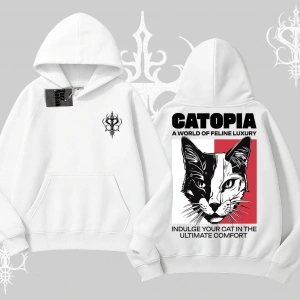 Modern Kedi Temalı Arka Baskılı Kapşonlu Sweatshirt