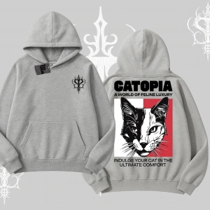 Modern Kedi Temalı Arka Baskılı Kapşonlu Sweatshirt