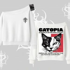Modern Kedi Temalı Arka Baskılı Kayık Yaka Sweatshirt