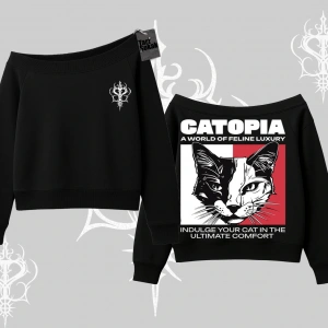 Modern Kedi Temalı Arka Baskılı Kayık Yaka Sweatshirt