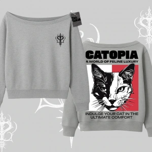 Modern Kedi Temalı Arka Baskılı Kayık Yaka Sweatshirt