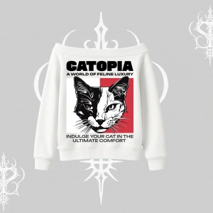 Modern Kedi Temalı Arka Baskılı Kayık Yaka Sweatshirt