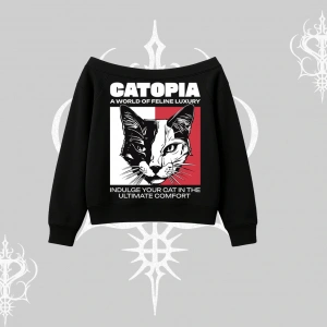 Modern Kedi Temalı Arka Baskılı Kayık Yaka Sweatshirt