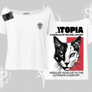 Modern Kedi Temalı Arka Baskılı Kayık Yaka Tshirt