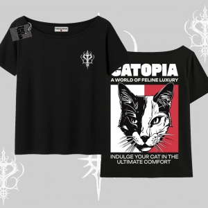 Modern Kedi Temalı Arka Baskılı Kayık Yaka Tshirt