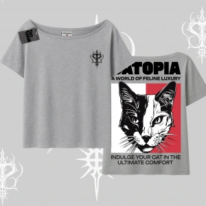 Modern Kedi Temalı Arka Baskılı Kayık Yaka Tshirt