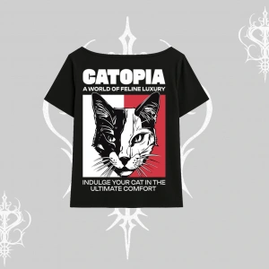 Modern Kedi Temalı Arka Baskılı Kayık Yaka Tshirt