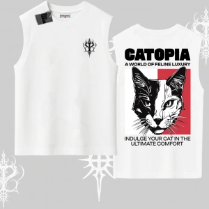 Modern Kedi Temalı Arka Baskılı Kolsuz Tshirt