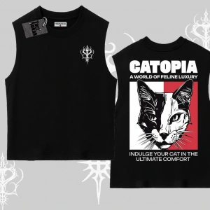 Modern Kedi Temalı Arka Baskılı Kolsuz Tshirt