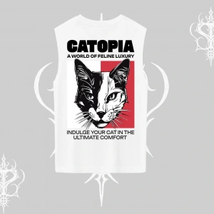 Modern Kedi Temalı Arka Baskılı Kolsuz Tshirt