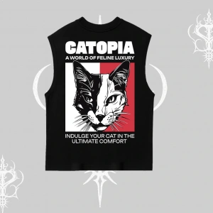 Modern Kedi Temalı Arka Baskılı Kolsuz Tshirt