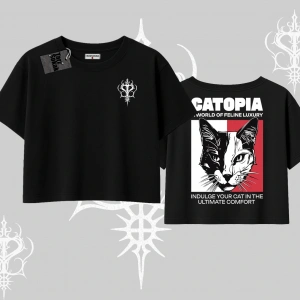 Modern Kedi Temalı Arka Baskılı Oversize Crop Tshirt