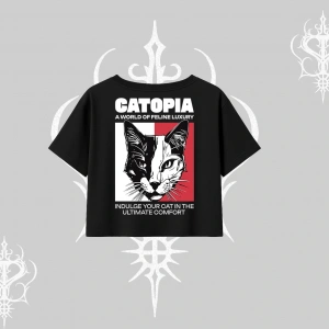 Modern Kedi Temalı Arka Baskılı Oversize Crop Tshirt