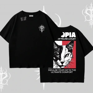 Modern Kedi Temalı Arka Baskılı Oversize Tshirt