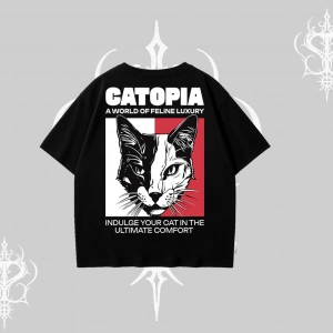 Modern Kedi Temalı Arka Baskılı Oversize Tshirt