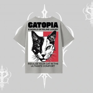 Modern Kedi Temalı Arka Baskılı Oversize Tshirt