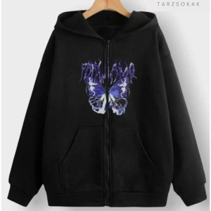 Mor Kelebek Yazılı Sweatshirt Fermuarlı Hırka Siyah