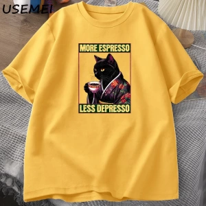 More Espresso Less Depresso Cat Drinking Coffee Funny T Shirt for Men Women Japanese Style Ca 2910
