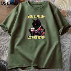 More Espresso Less Depresso Cat Drinking Coffee Funny T Shirt for Men Women Japanese Style Ca 2910