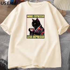 More Espresso Less Depresso Cat Drinking Coffee Funny T Shirt for Men Women Japanese Style Ca 2910
